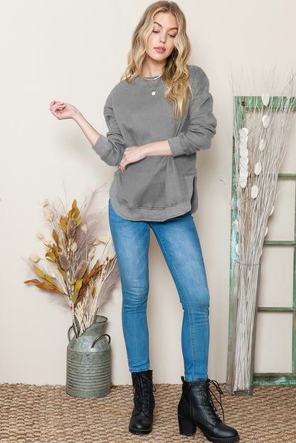 Grey Plain Crew Neck Ribbed Trim Waffle Knit Long Sleeve Top