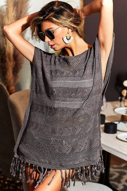 Fringed Hem Short Sleeve Knit Top - Mocha