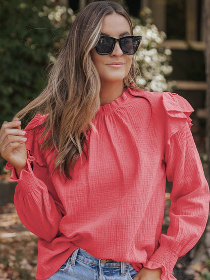 Cotton Frill Mock Neck Long Sleeve Blouse