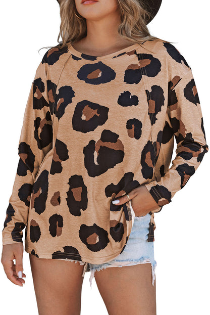 Leopard Print Drop Shoulder Pullover Long Sleeve Top