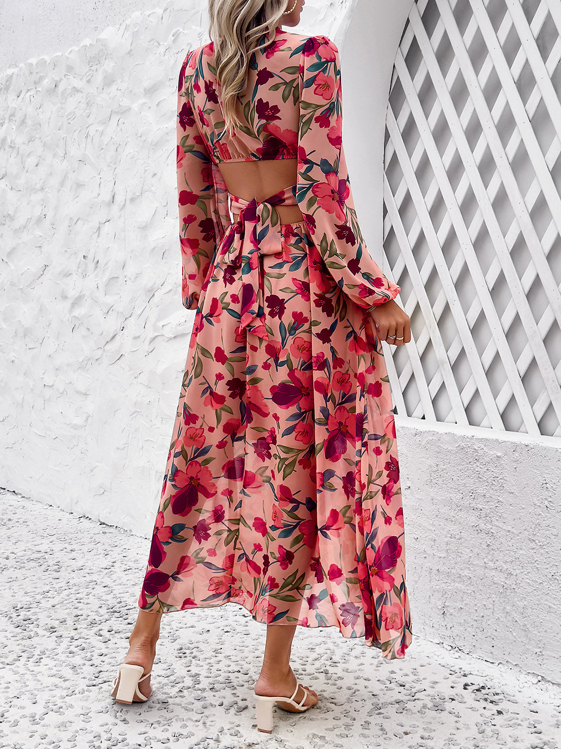 Cutout Printed V-Neck Balloon Sleeve Dress