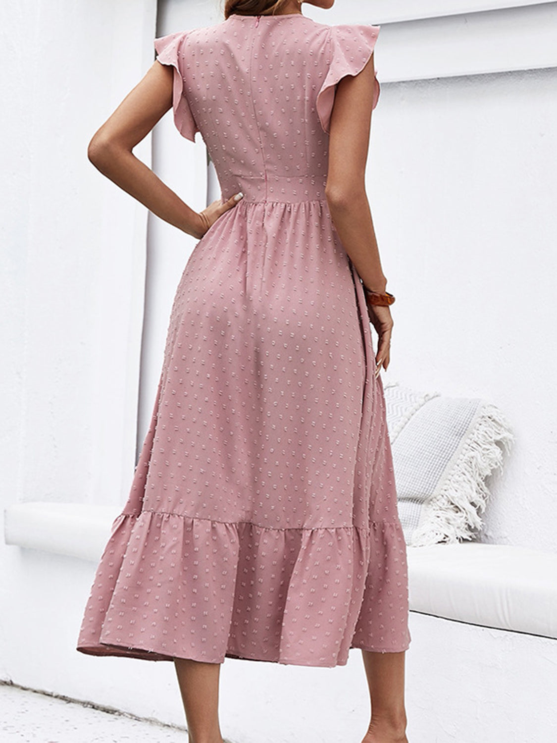 Swiss Dot Ruffled Plunge Dress