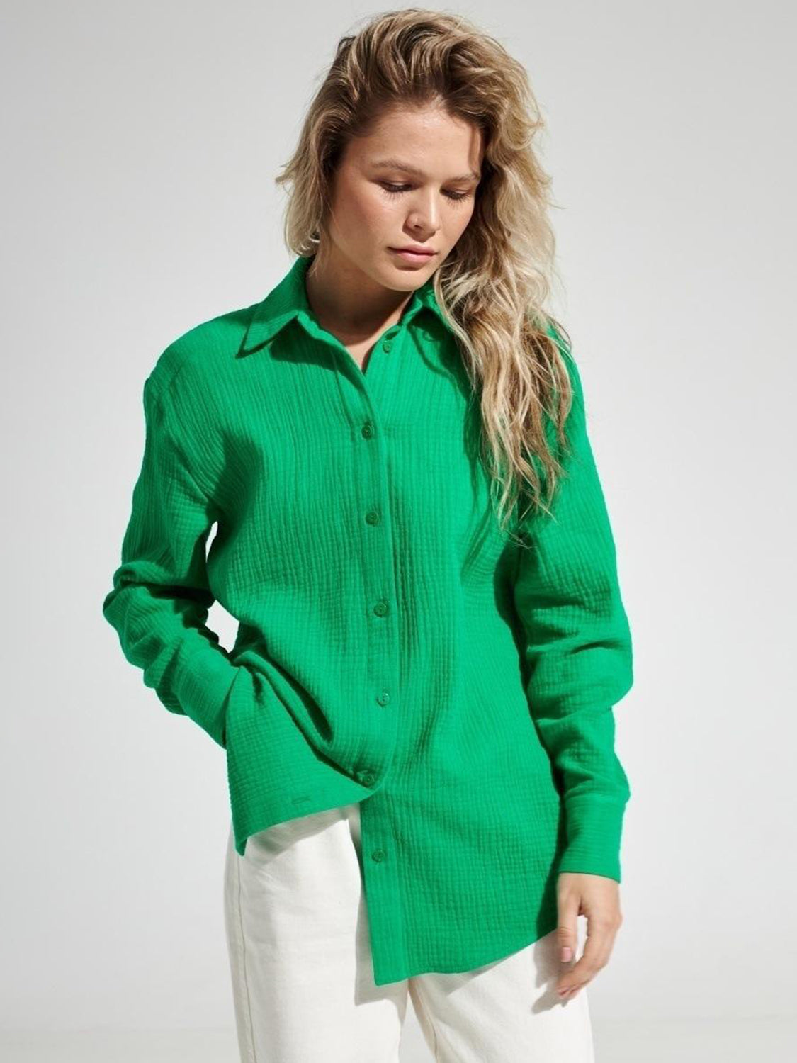 Cotton Textured Collared Neck Long Sleeve Shirt