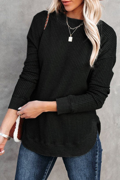 Grey Plain Crew Neck Ribbed Trim Waffle Knit Long Sleeve Top