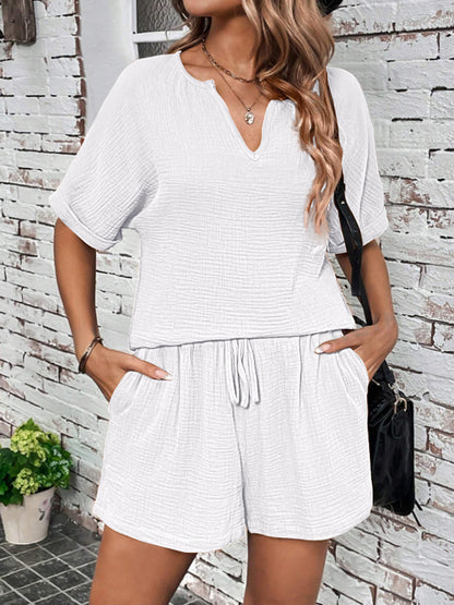 Notched Cotton Half Sleeve Top and Shorts Set