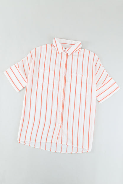 Black Striped Casual Short Sleeve Shirt with Pocket