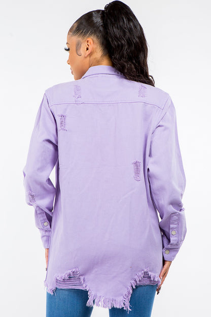 Frayed Hem Distressed Denim Jacket - Lavender