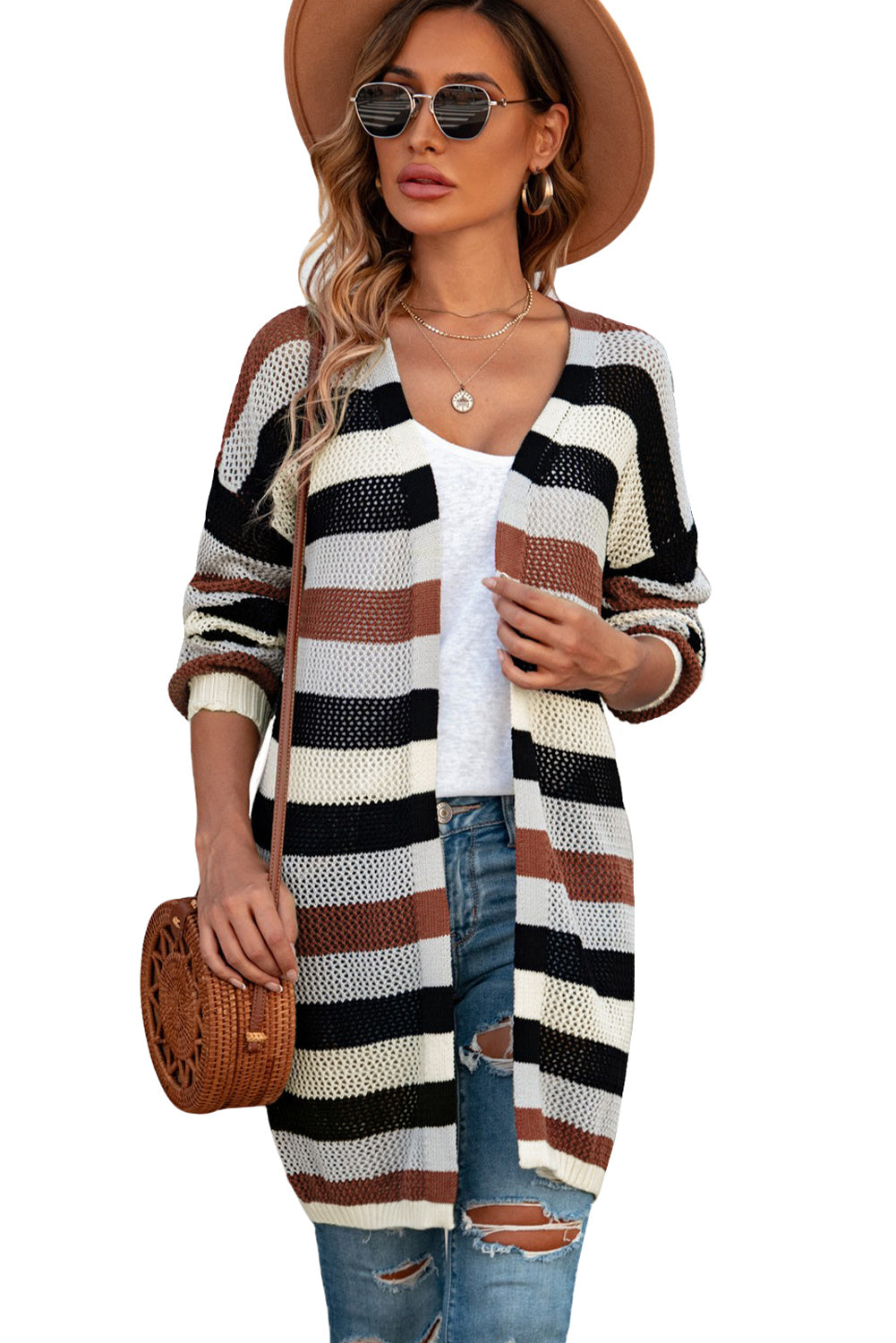 Black Striped Color Block Casual Hollow Cable Knit Cardigan