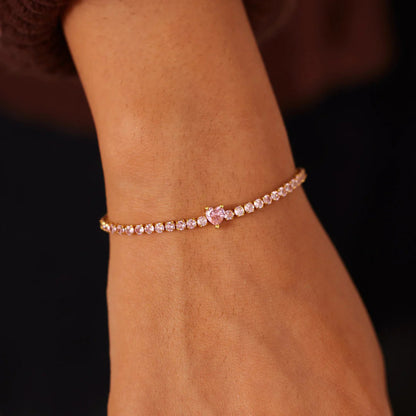 Pink Heart Inlaid Zircon 18K Gold-Plated Bracelet