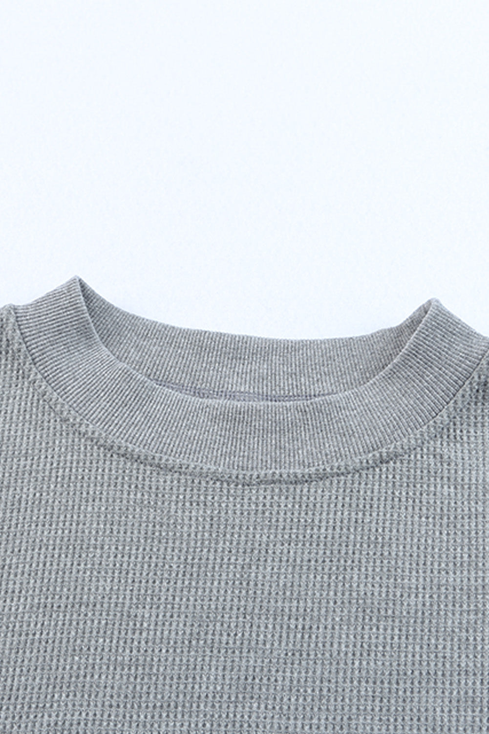 Grey Plain Crew Neck Ribbed Trim Waffle Knit Long Sleeve Top