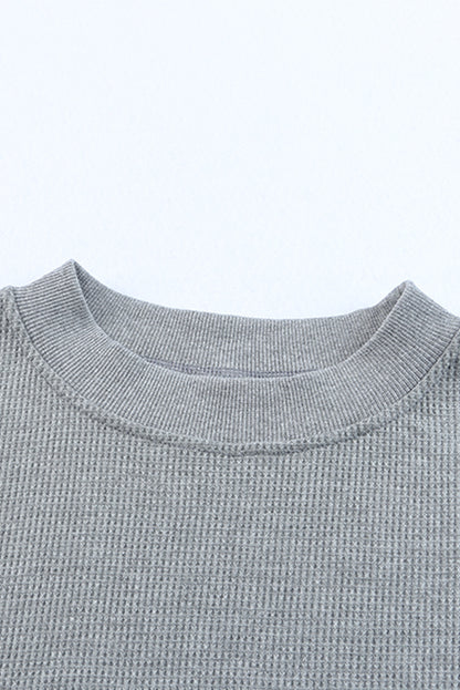 Grey Plain Crew Neck Ribbed Trim Waffle Knit Long Sleeve Top