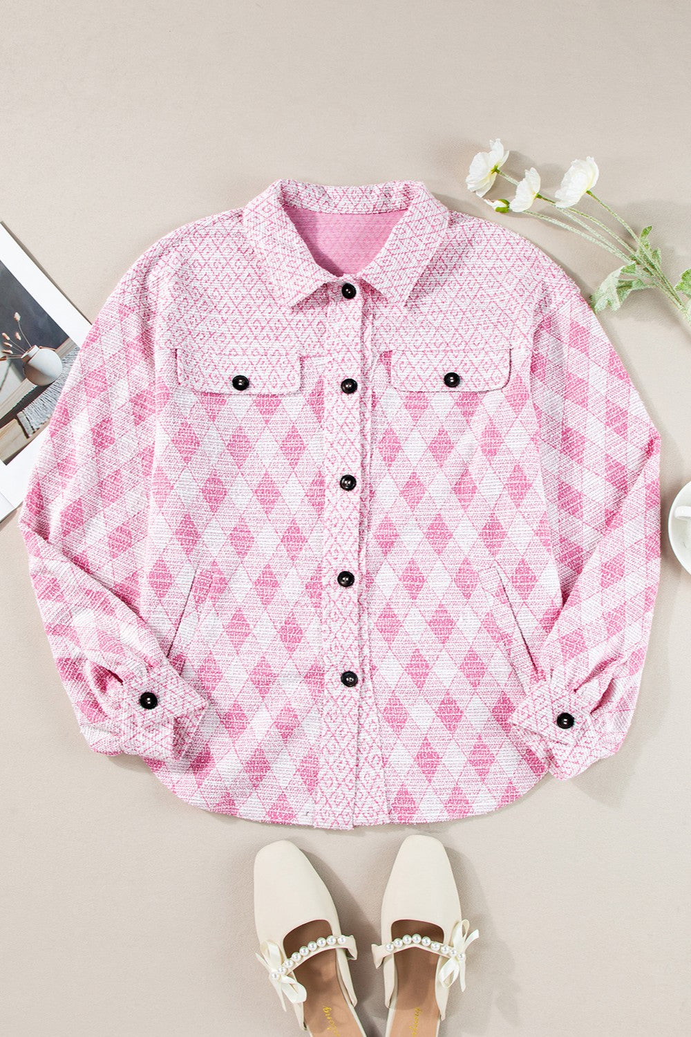 Plaid Collared Neck Long Sleeve Jacket - Light Pinkk