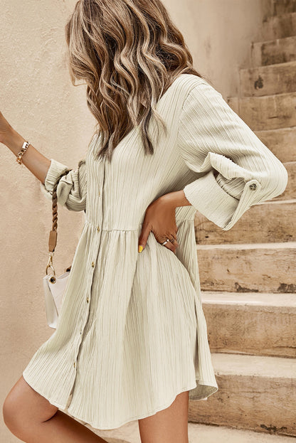 Textured Roll-Up Sleeve Button Front Dress