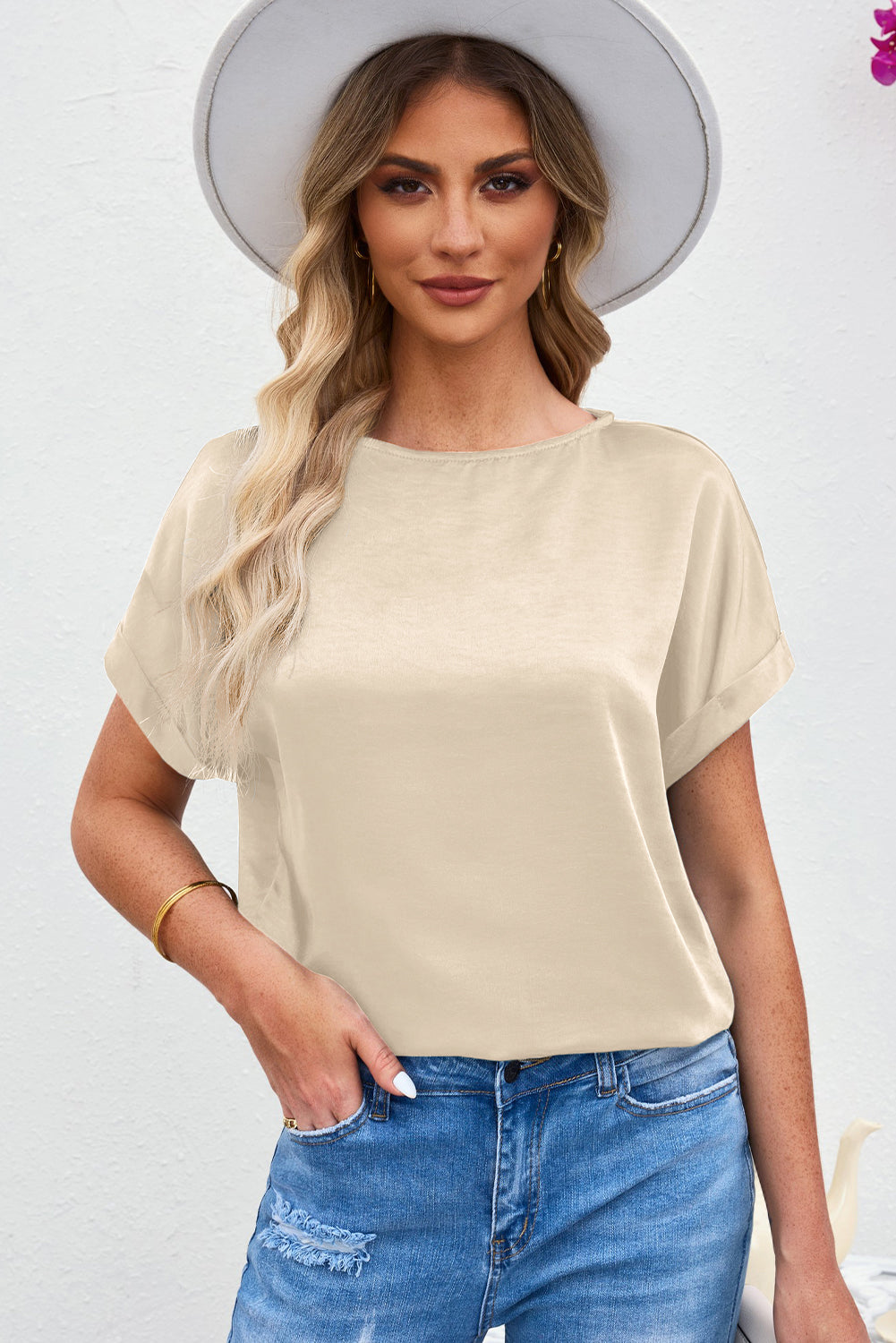 Solid Color Batwing Sleeve Summer Top - Champagne