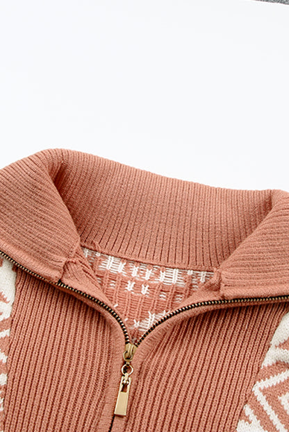 Pink Casual Geometric Knit Quarter Zip Sweater