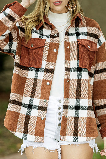 Brown Plaid Pocket Casual Buttons Up Shirt Shacket