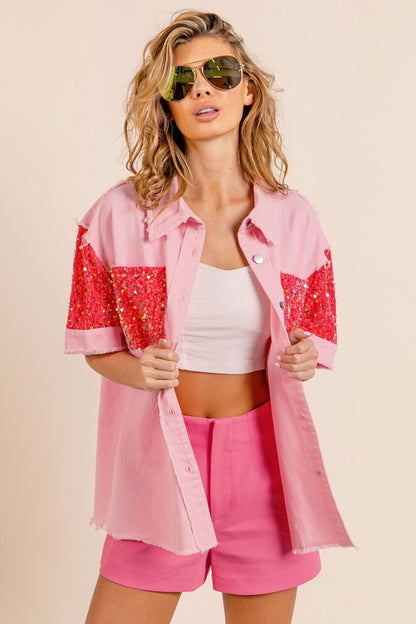 Tanner Sequin Detail Raw Hem Short Sleeve Shirt  - Pink/Fuchsia