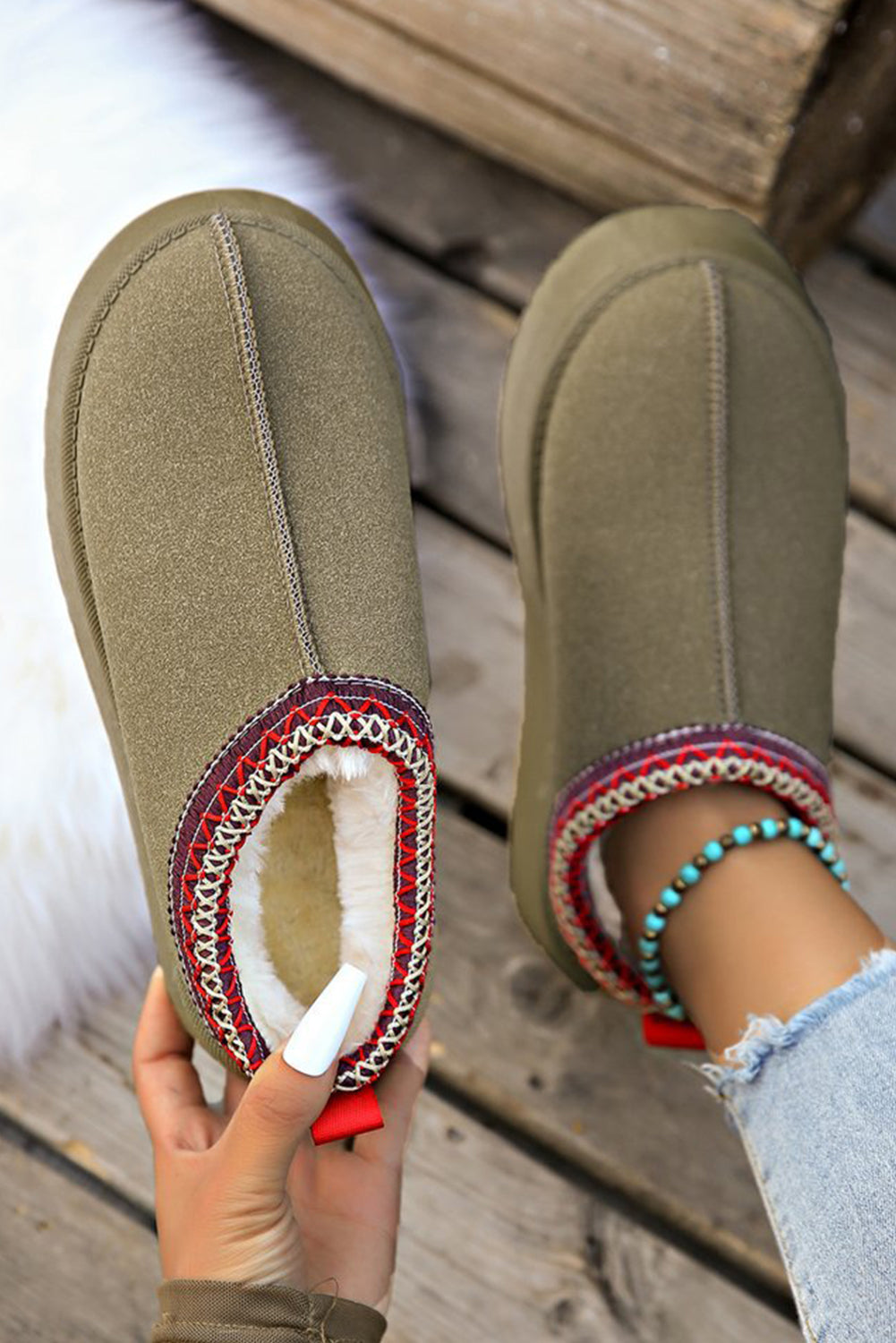 Eco-Suede Contrast Print Round Toe Plush Lined Flats