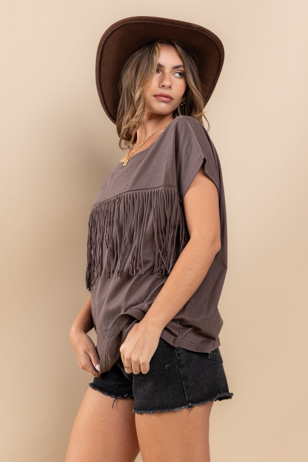 Fringe Detail Round Neck Short Sleeve Top