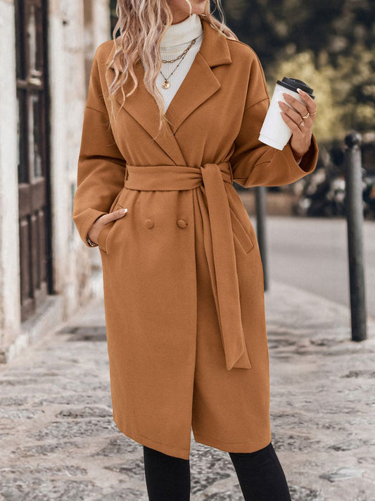 Perfee Dropped Shoulder Tie Waist Coat - Caramel