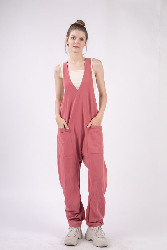 Plunge Front Sleeveless Jumpsuit with Pockets