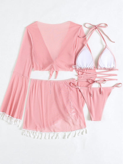 Halter Neck Bra, Bottom, Tassel Flare Sleeve Cover-Up and Skirt Four-Piece Swim Set