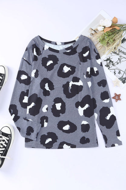 Leopard Print Drop Shoulder Pullover Long Sleeve Top