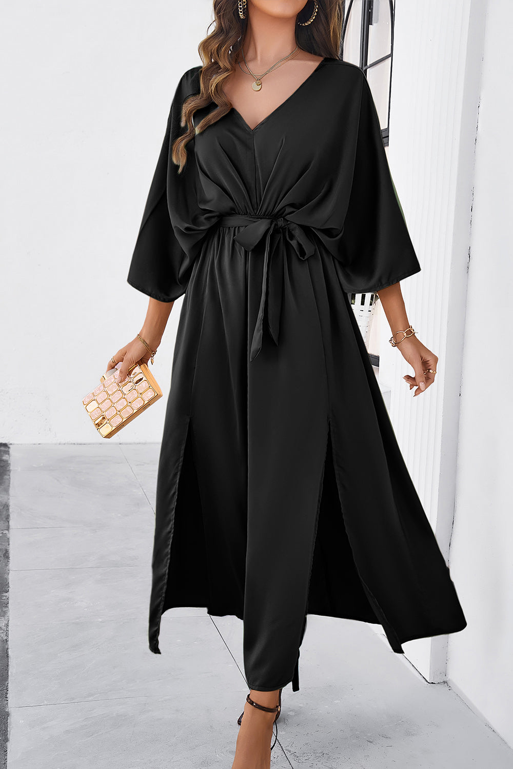 Slit Tied V-Neck Three-Quarter Sleeve Dress