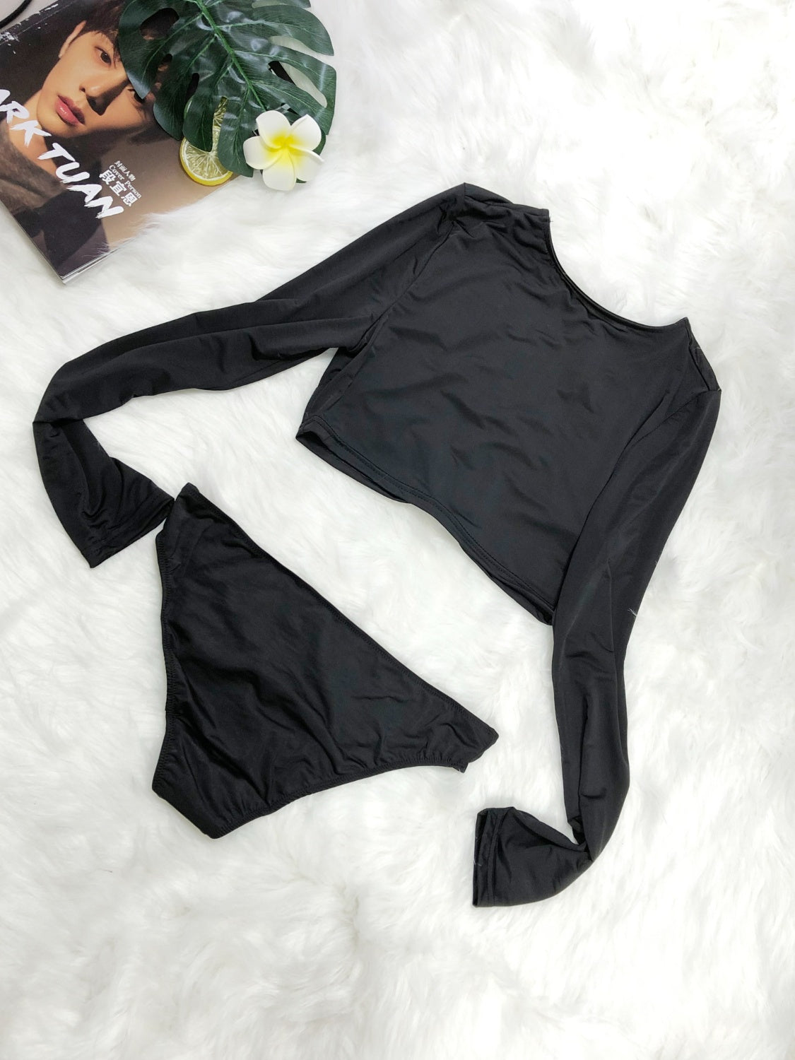 Round Neck Long Sleeve Top and Brief Swim Set