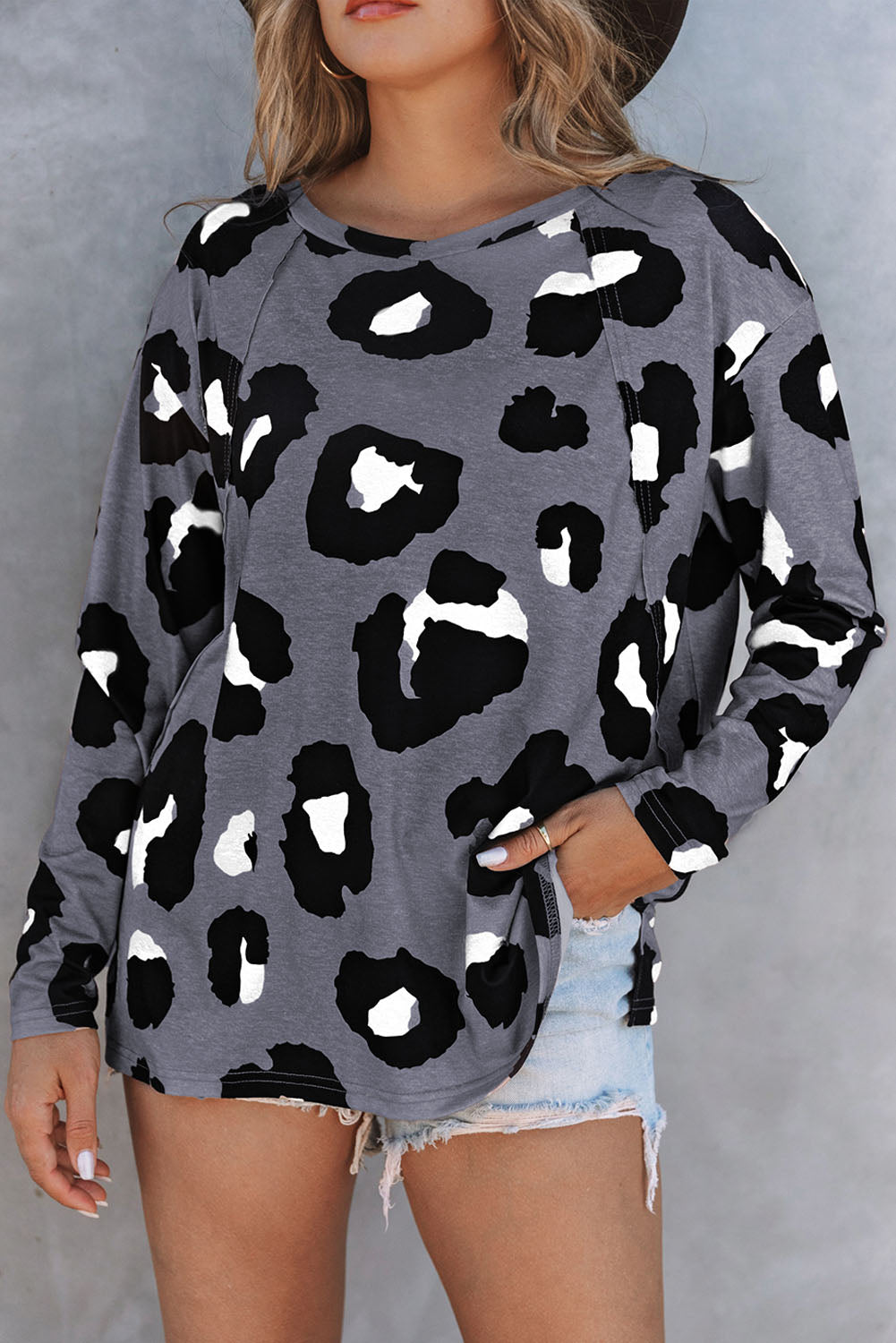 Leopard Print Drop Shoulder Pullover Long Sleeve Top