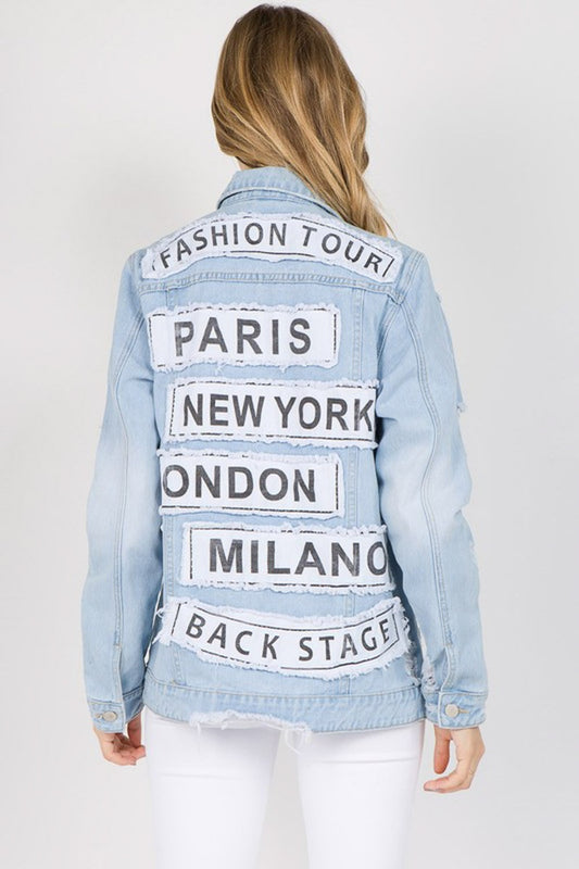 Fashion Tour Patched Distressed Denim Jacket