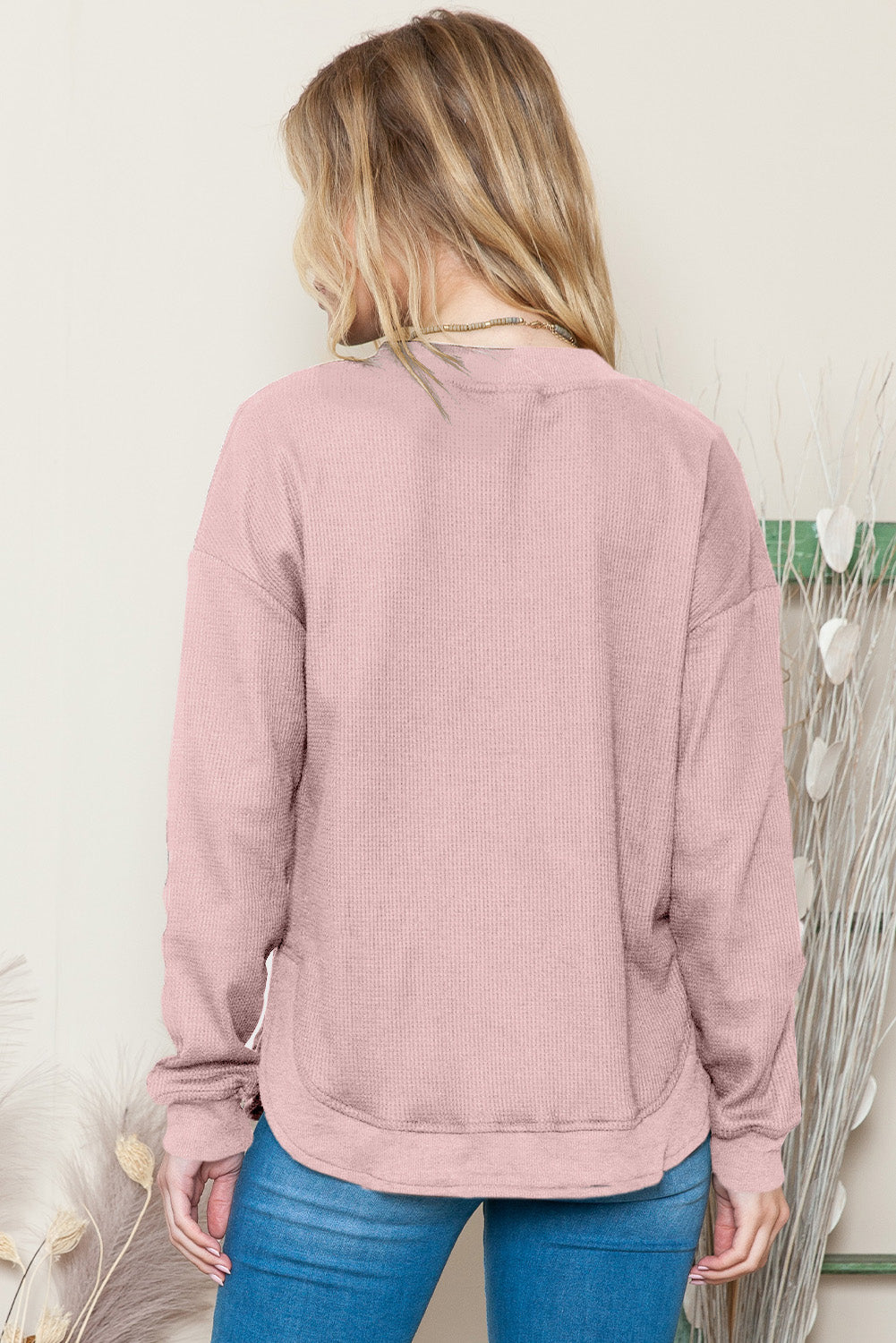 Grey Plain Crew Neck Ribbed Trim Waffle Knit Long Sleeve Top