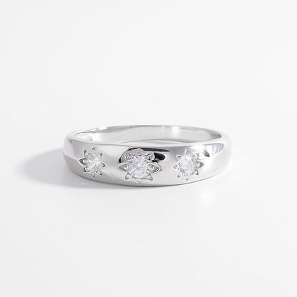 Three Star Horizon Band 925 Sterling Silver Inlaid Zircon Ring