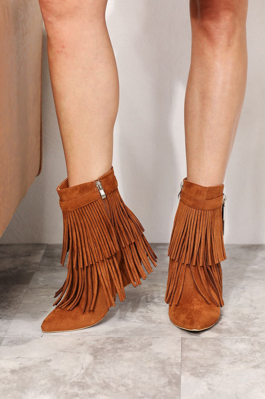 Legend Women's Tassel Fringe Wedge Heel Ankle Booties - Caramel