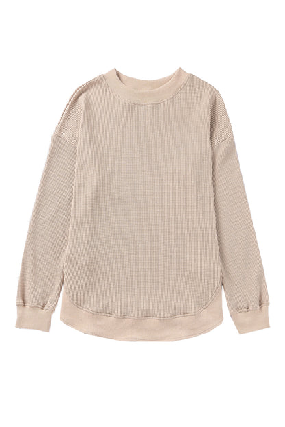 Grey Plain Crew Neck Ribbed Trim Waffle Knit Long Sleeve Top