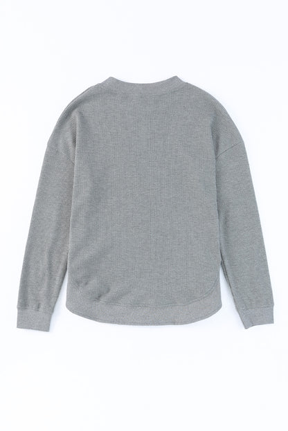 Grey Plain Crew Neck Ribbed Trim Waffle Knit Long Sleeve Top