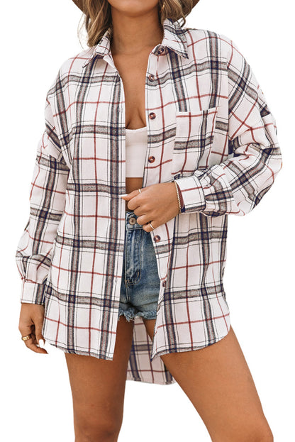 White Plaid Slits Bishop Sleeve Oversized Shacket