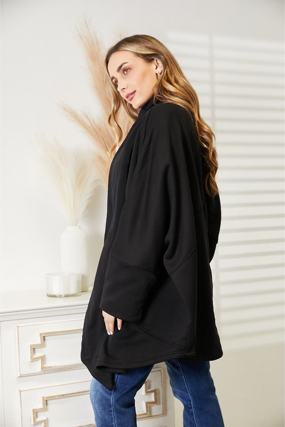 Full Size Open Front Cardigan with Scarf Design - Black