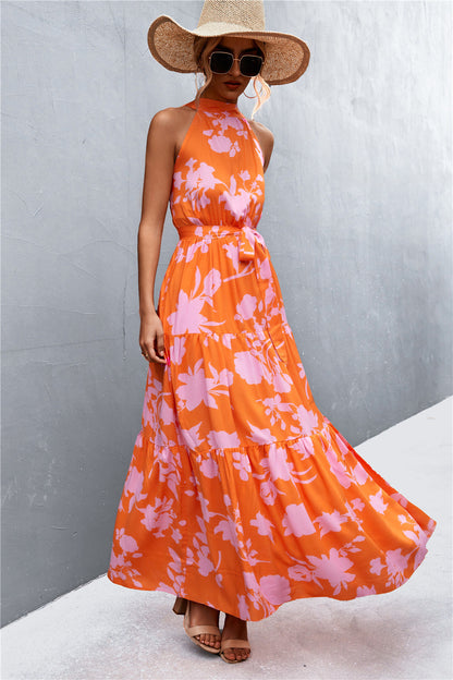 Monet Printed Sleeveless Tie Waist Maxi Dress