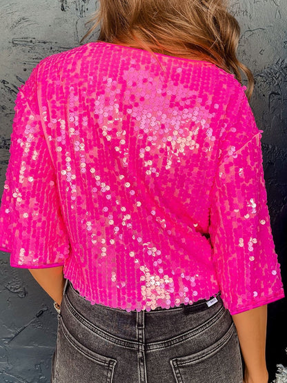 Sequin Round Neck Half Sleeve Blouse - Hot Pink