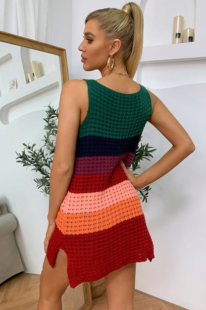 Color Block Notched Neck Slit Sweater Dress - Green Rust
