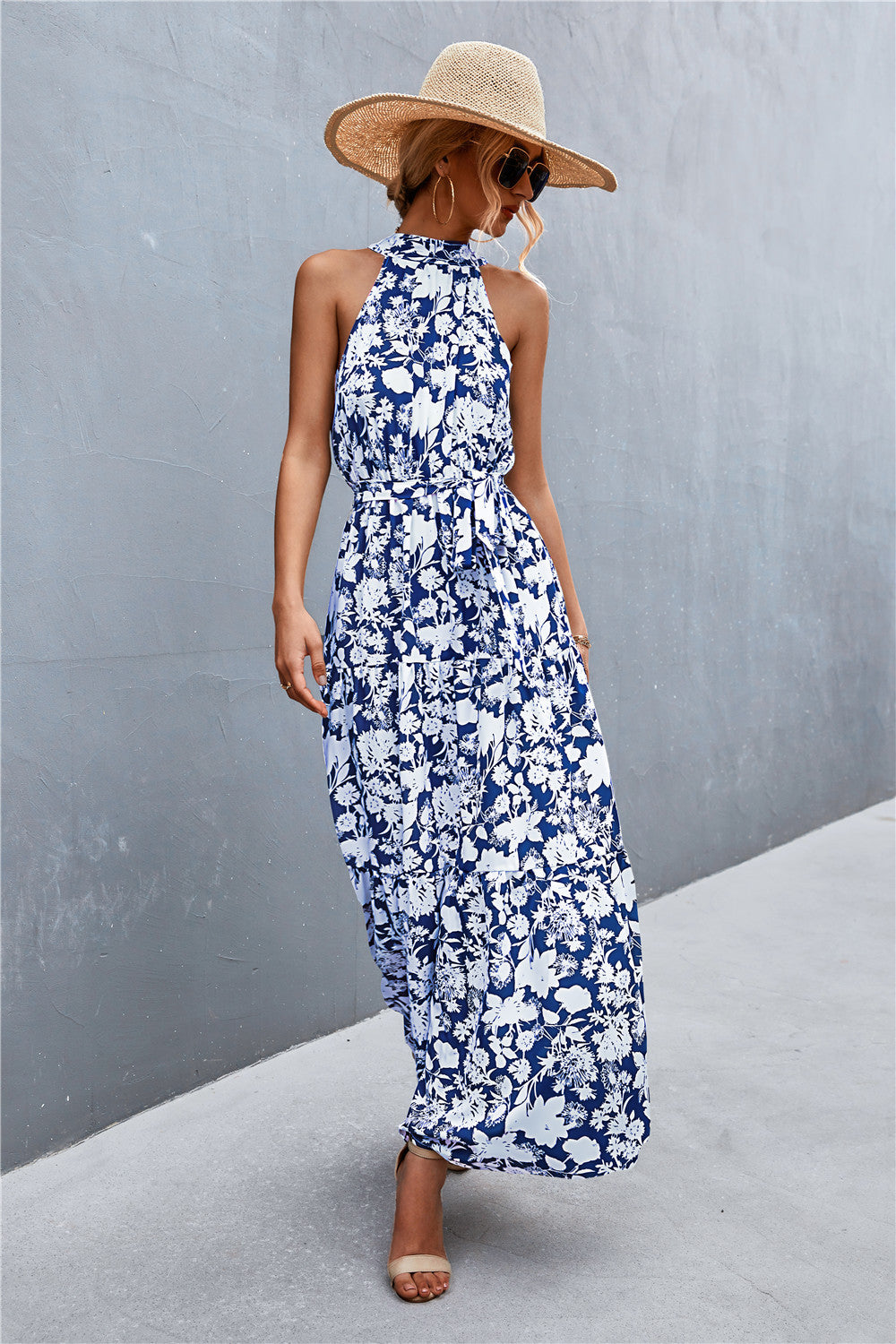 Monet Printed Sleeveless Tie Waist Maxi Dress