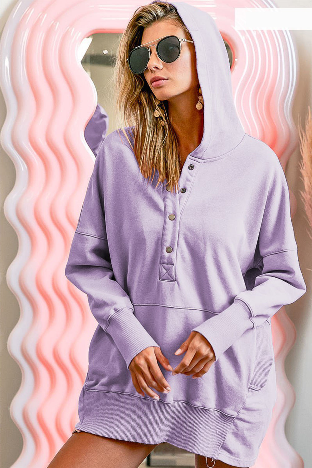 Half Snap Dropped Shoulder Hoodie - Lavender