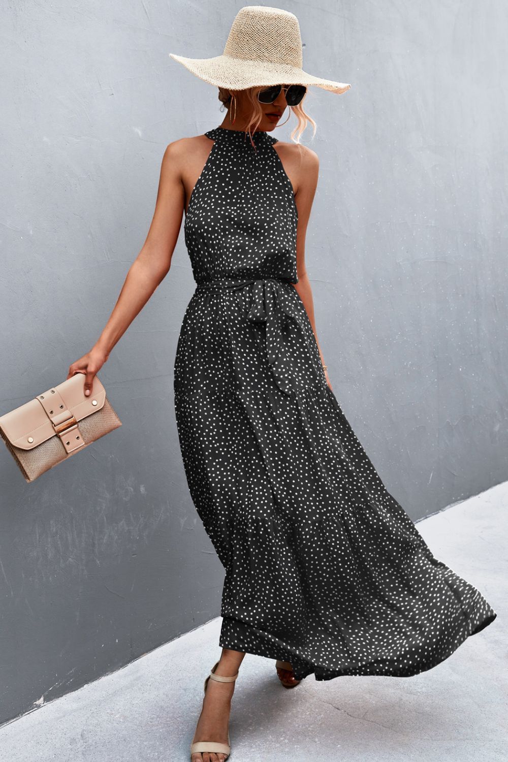 Monet Printed Sleeveless Tie Waist Maxi Dress