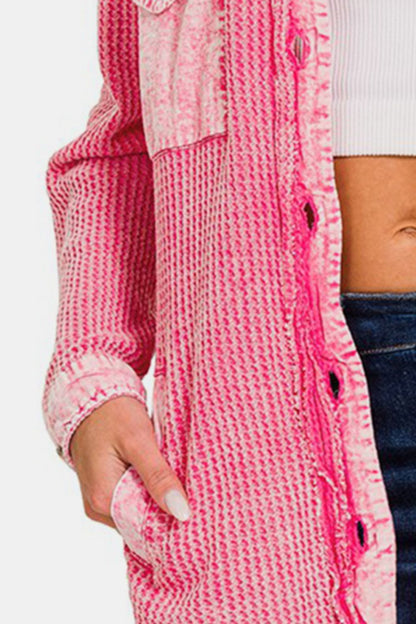 Waffle-Knit Button Up Dropped Shoulder Jacket with Pockets - Pink