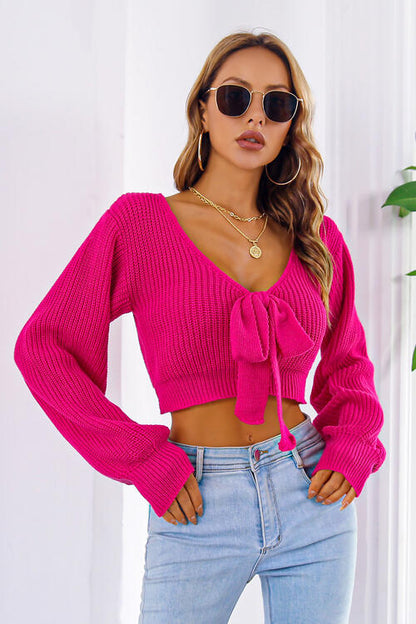 Women's Bow V-Neck Long Sleeve Cropped Sweater