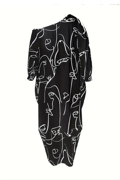 Cara Deco Printed Single Shoulder Lantern Sleeve Maxi Dress