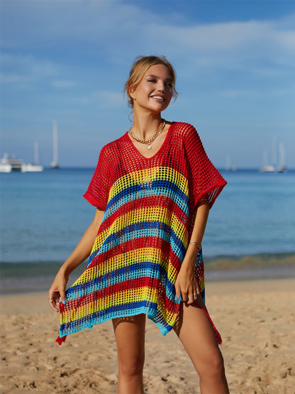 Cutout Striped Swimsuit Cover-Up with Tassel