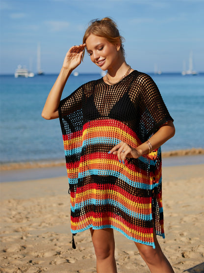 Cutout Striped Swimsuit Cover-Up with Tassel