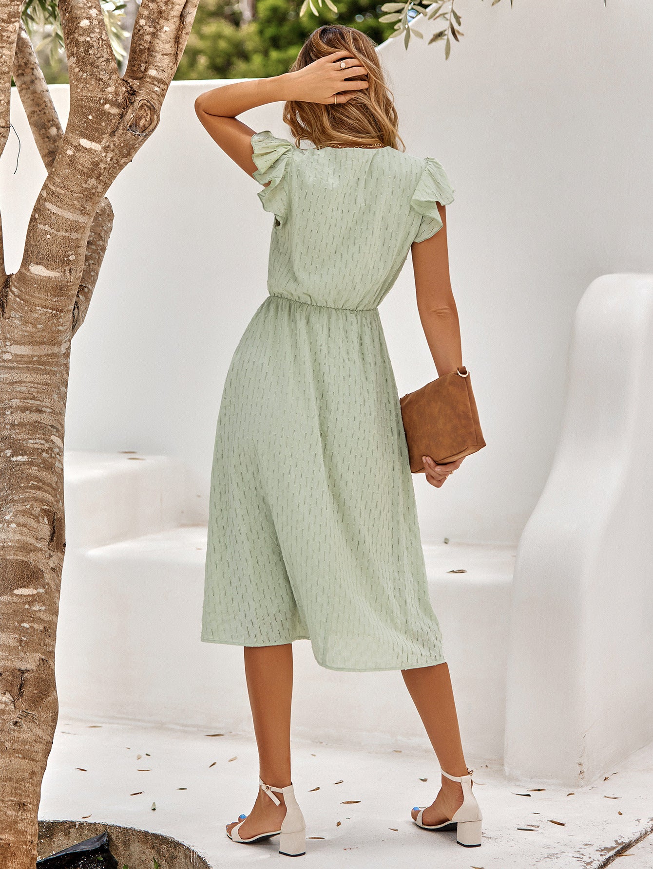 Cotton V-Neck Flutter Sleeve Midi Dress